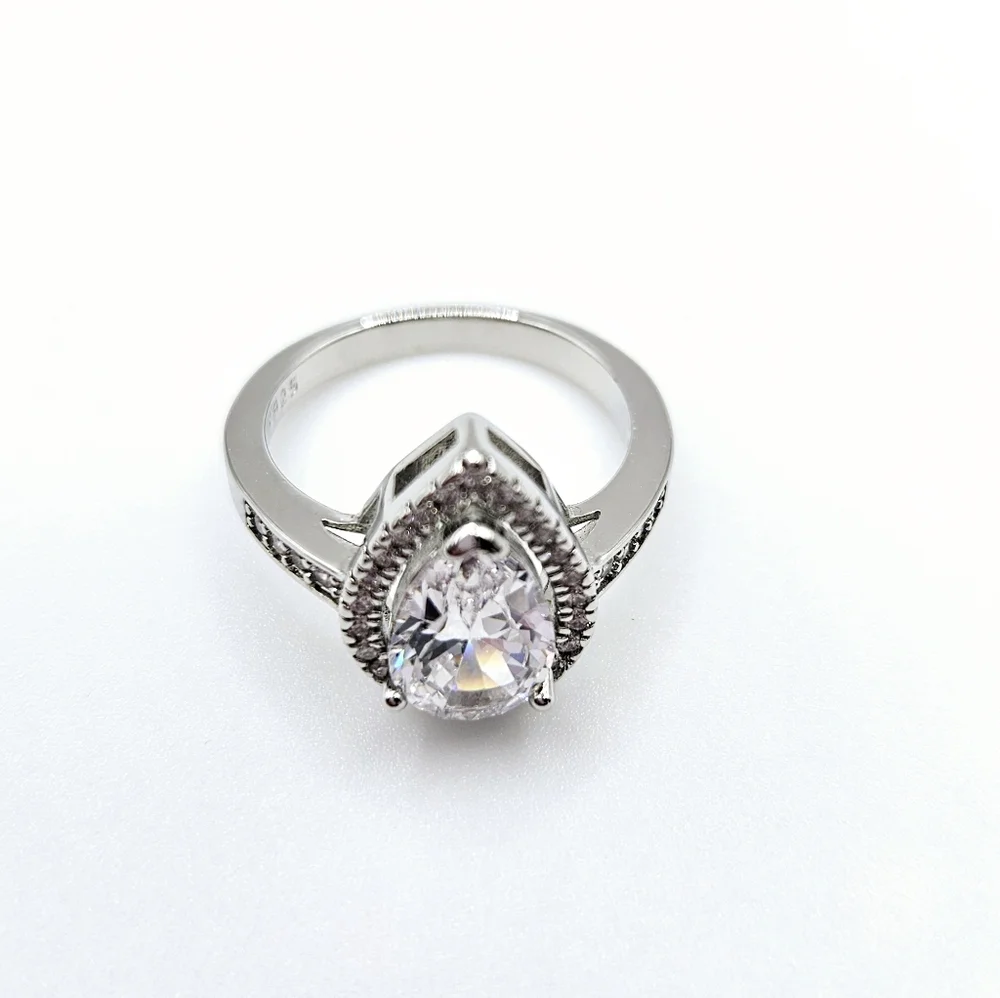 925 Sterling Silver Pear Cut Halo CZ Ring Sz 7 Bridal Wedding Engagement New
